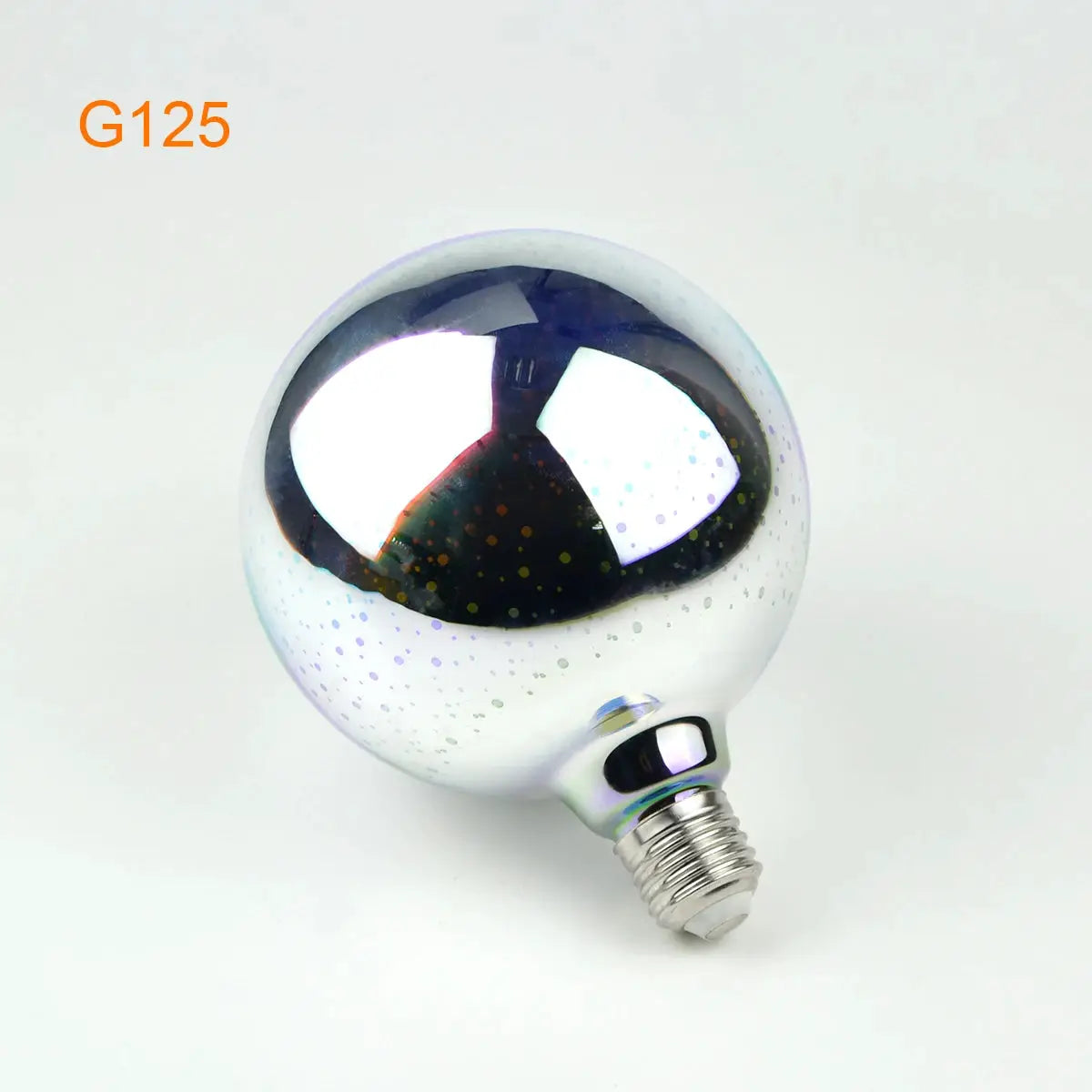 G125 spherical E27 night-light bulb with silver chrome finish and speckled multicolor pattern