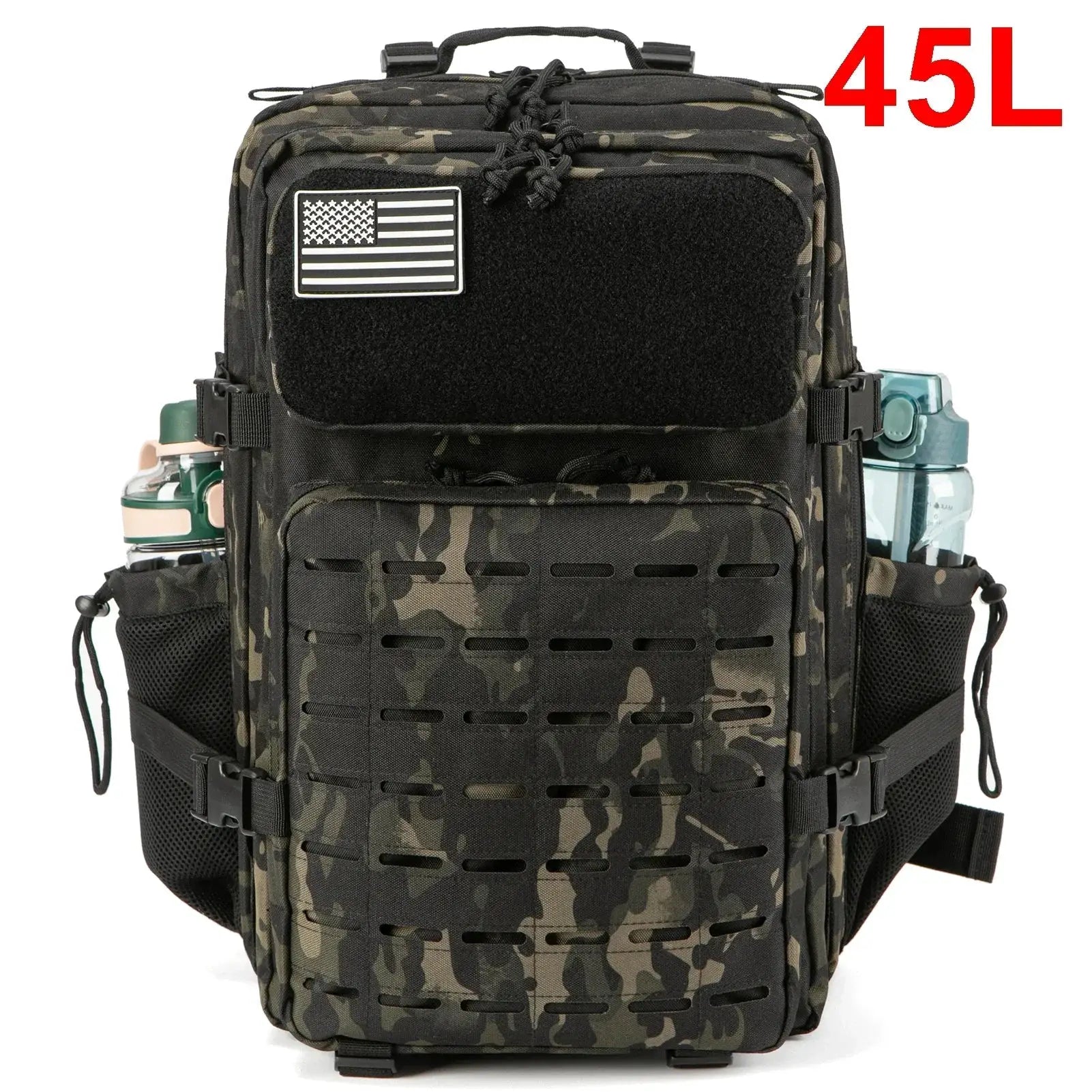 Camouflage 45L tactical backpack with water bottle pockets and a US flag patch