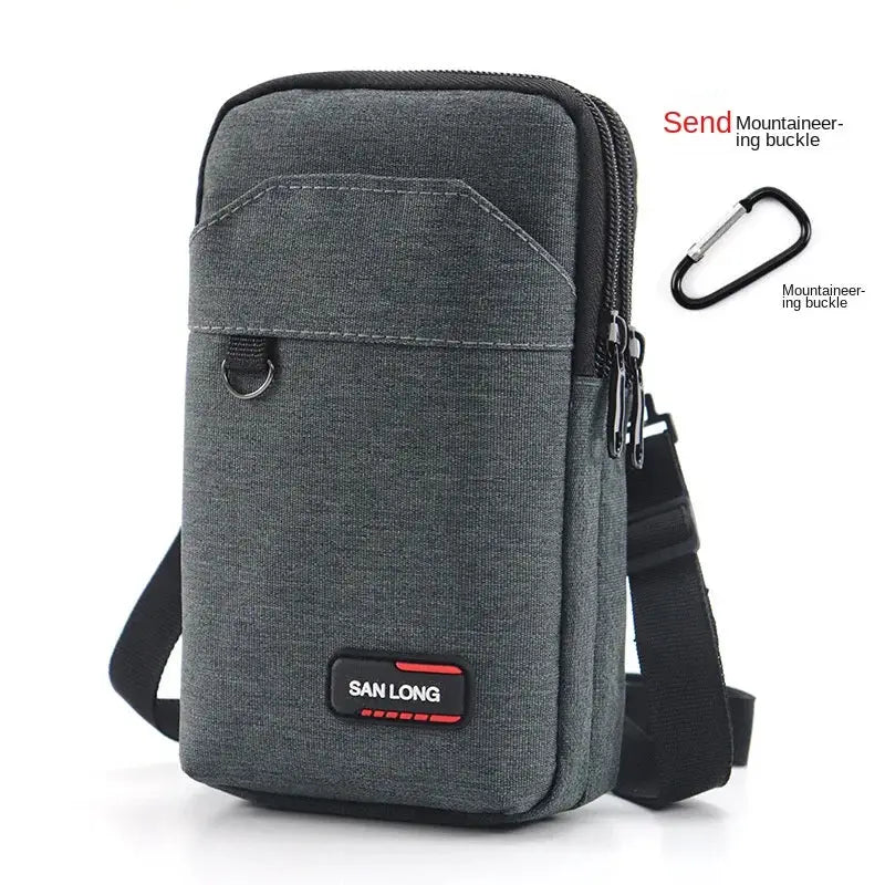 San Long men's waist pack crossbody bag in grey fabric; outdoor waterproof tactical phone pouch