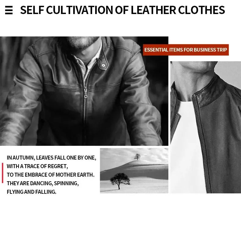 Men's leather jacket collage with black-and-white photos; casual workwear style.
