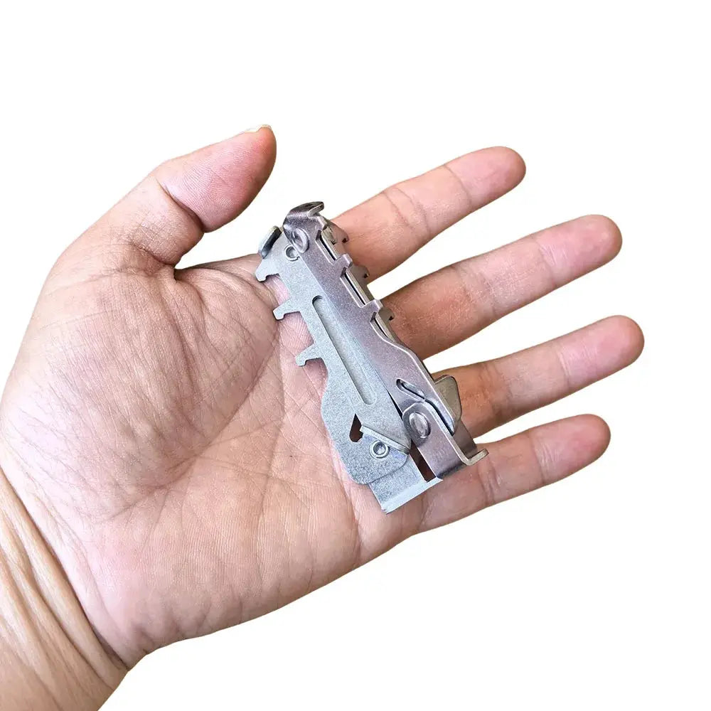 Outdoor gas cylinder holder, foldable burner support for camping in silver metal, handheld size