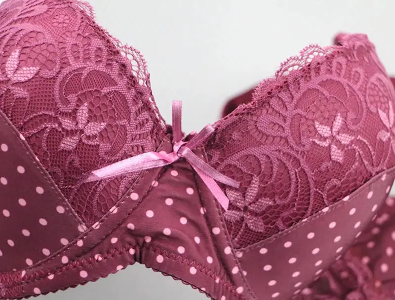 DaiNaFang lace bra, pink with floral lace cups, pink satin polka-dot band and center bow