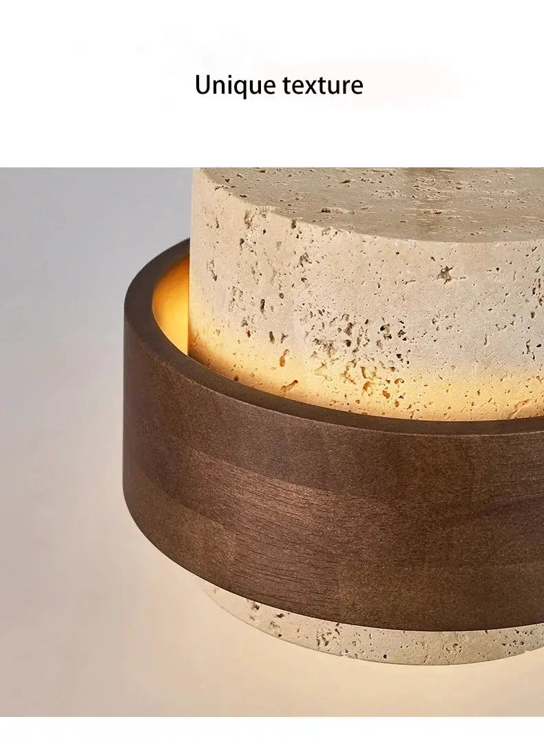 LED pendant lamp with stone-textured shade and walnut wood ring, retro hanging lighting fixture