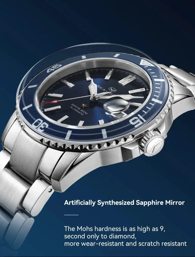 Seagull men's dive watch with blue bezel, stainless steel bracelet, 200m water resistance, automatic movement.