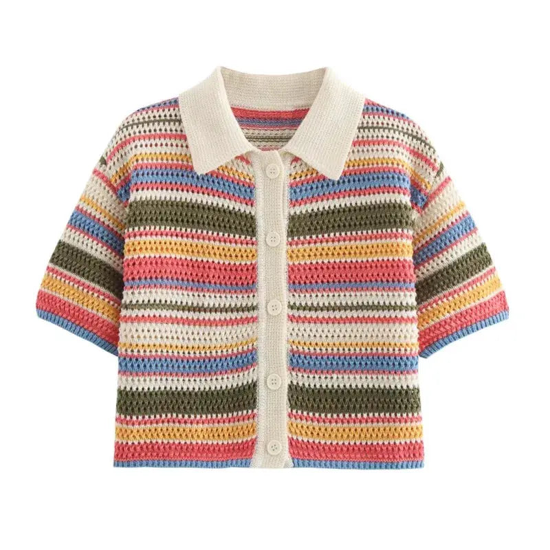 Women Patchwork Striped Crochet Knit Set Polo Collar Shorts Y2K Style