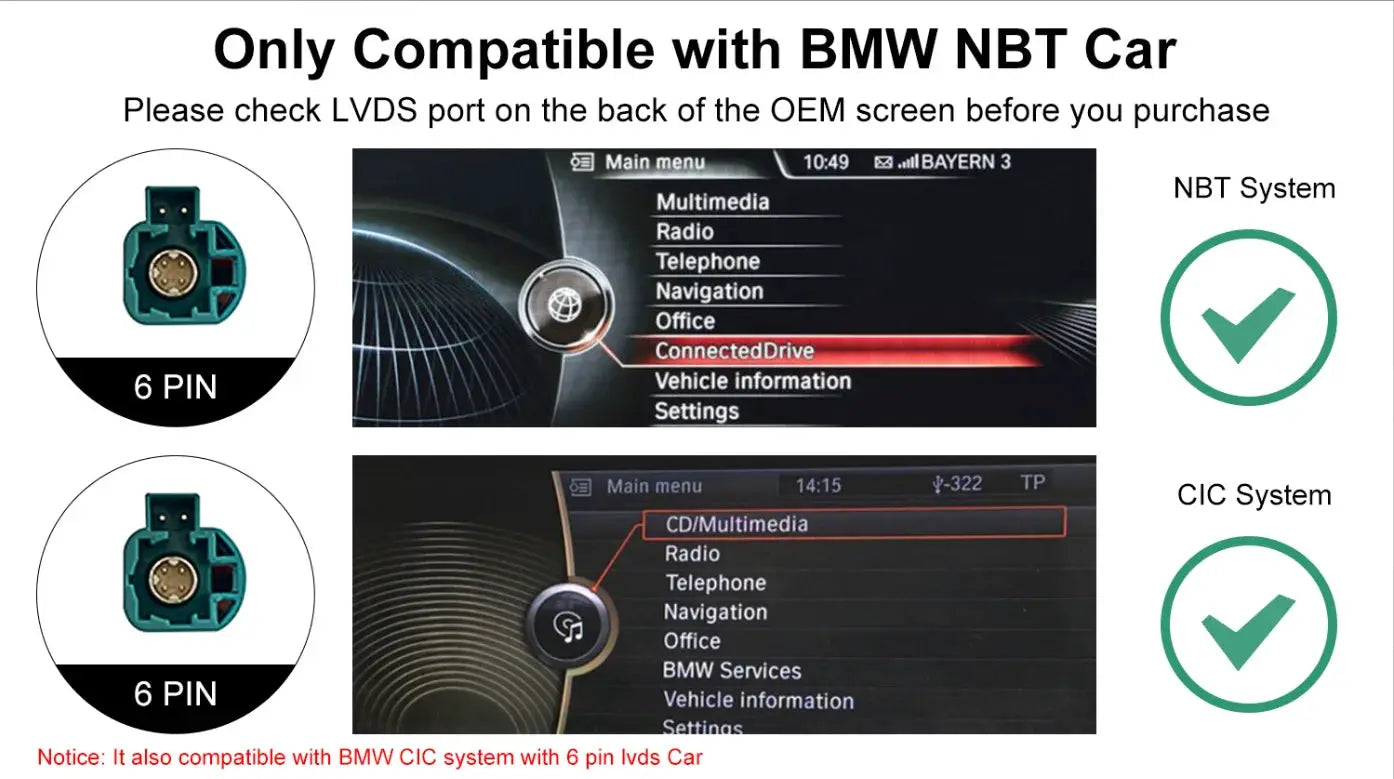Simples Market BMW wireless CarPlay/Android Auto multimedia display screen for F20–F33 with 6-pin LVDS