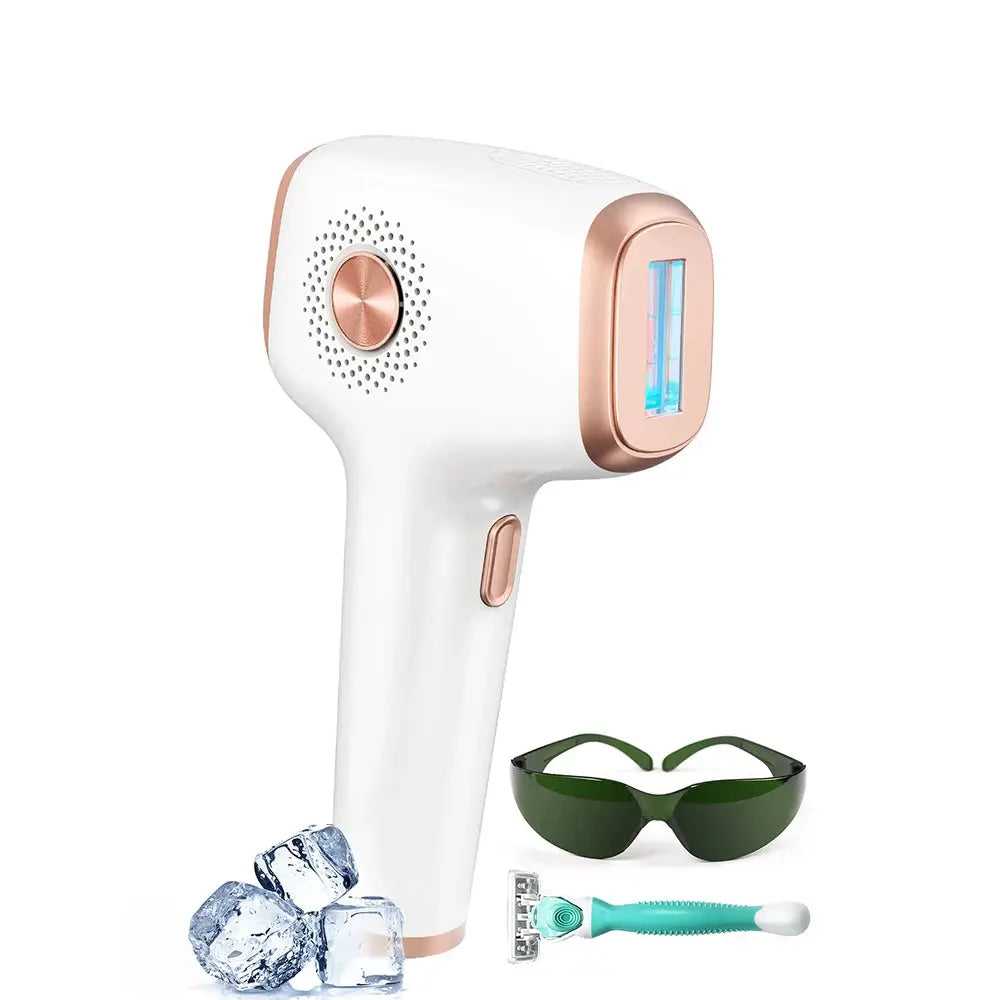INNZA IPL hair removal device, white with rose-gold trim, ice-cooling function; includes safety goggles