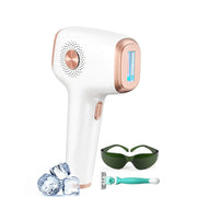INNZA IPL hair removal device, white with rose-gold trim, ice-cooling function; includes safety goggles