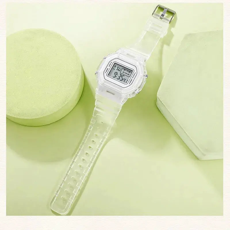 LED digital watch with transparent silicone strap and clear digital display