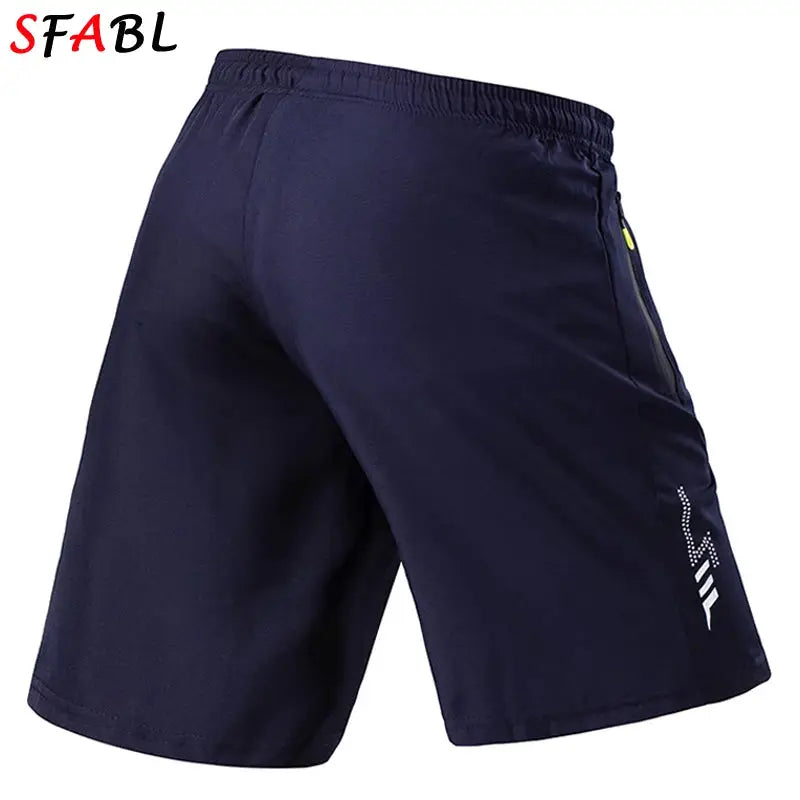 Navy blue men's sport shorts with elastic waistband and zip-side pocket; white logo on leg.