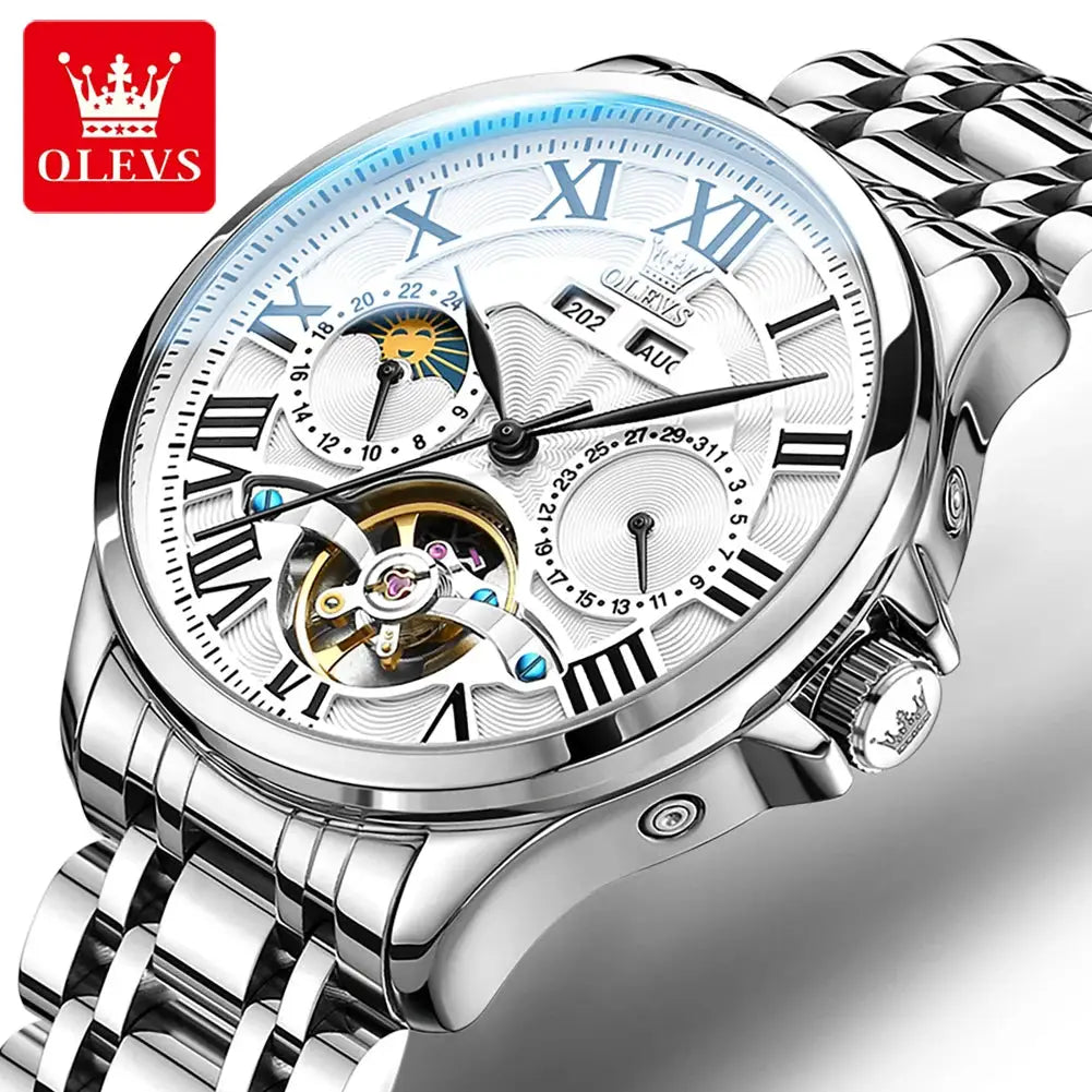 OLEVS men's mechanical watch with moon phase, silver stainless steel bracelet and Roman numerals