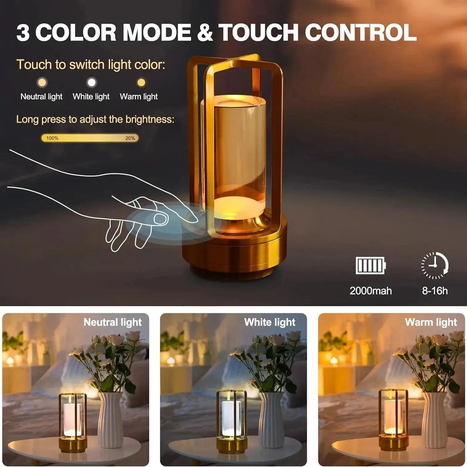 GGbingo cordless LED table lamp by Simples Market, gold-tone rechargeable desk light with 3 color modes.