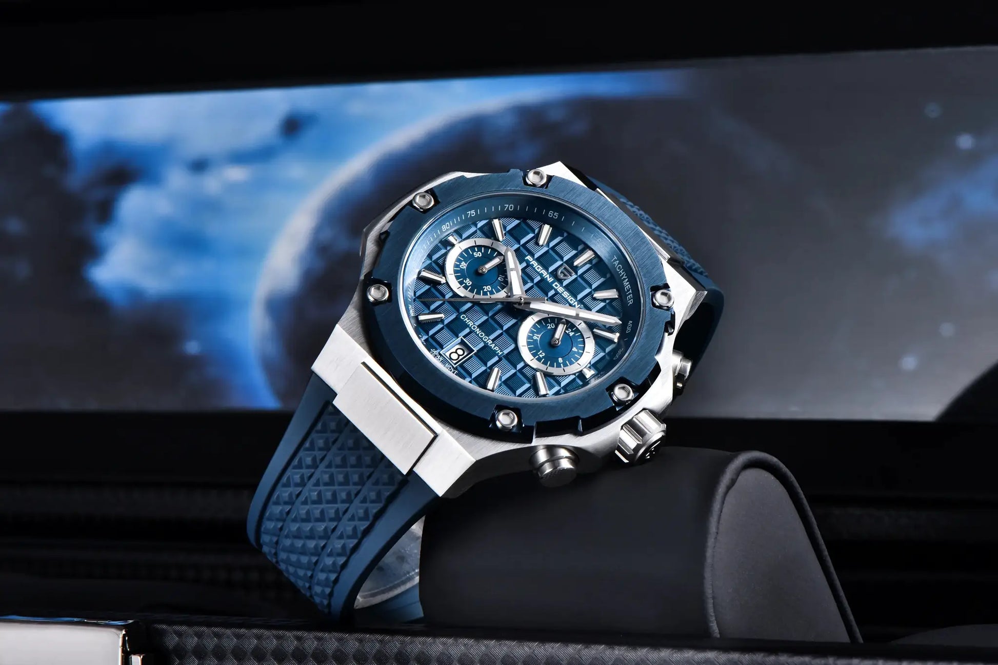 Pagani Design men's blue chronograph watch with fluororubber strap and stainless steel case