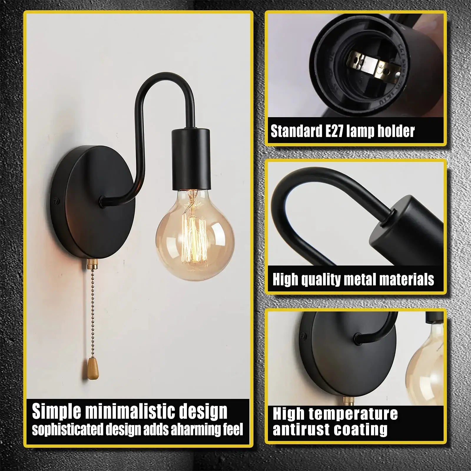 Nordic industrial wall lamp, iron black metal with E27 bulb, wall sconce for bedroom or bathroom