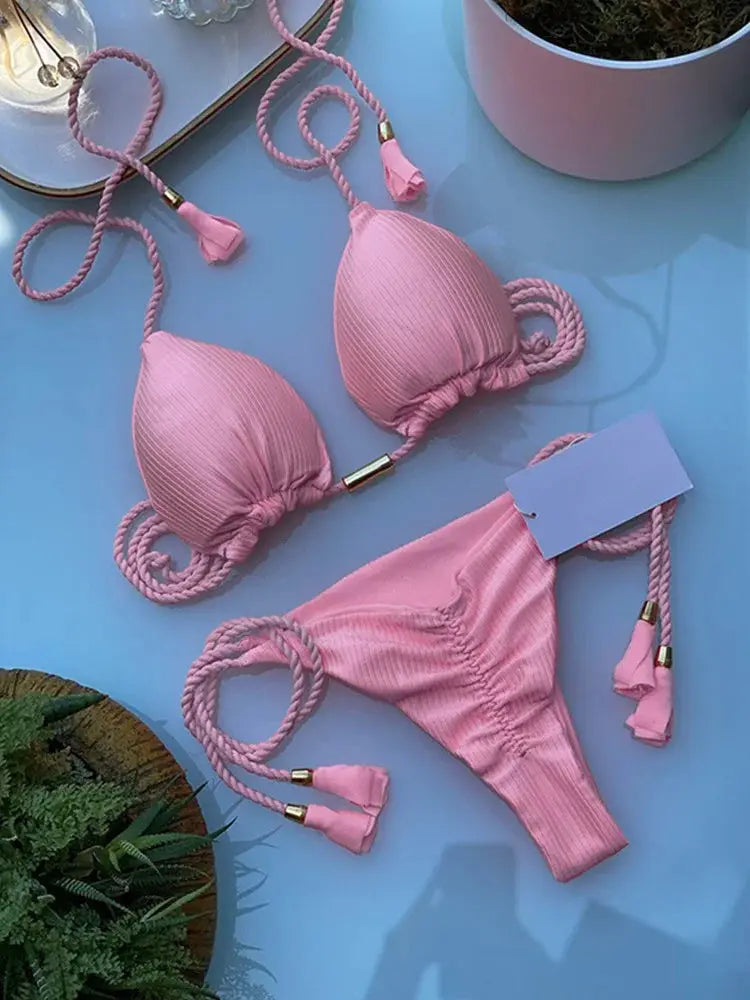 Simples Market pink backless rope triangle bikini set, two-piece for women, ribbed fabric with tassel ropes