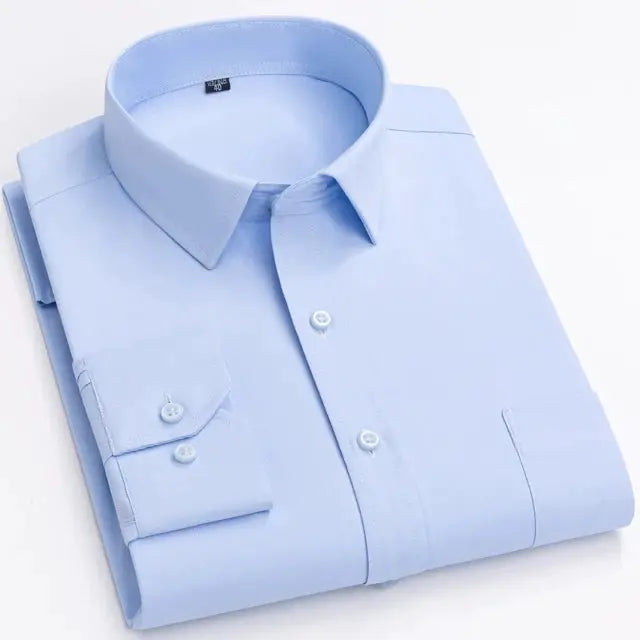 Men's light blue long-sleeve dress shirt, button-down, single chest pocket, folded
