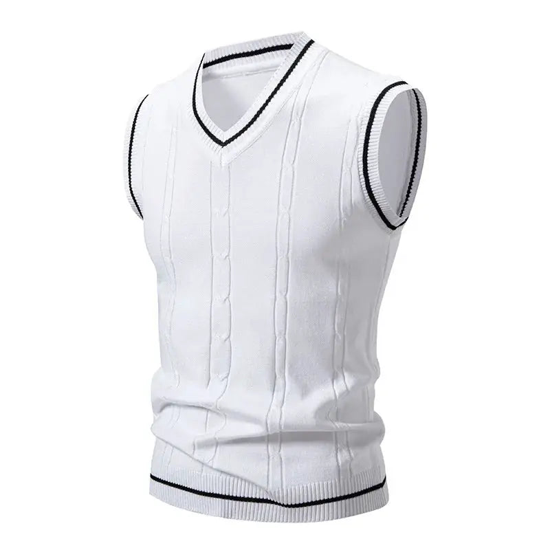 Men's white knit vest with V-neck, black trim at neck/armholes, cable-knit panels and ribbed hem