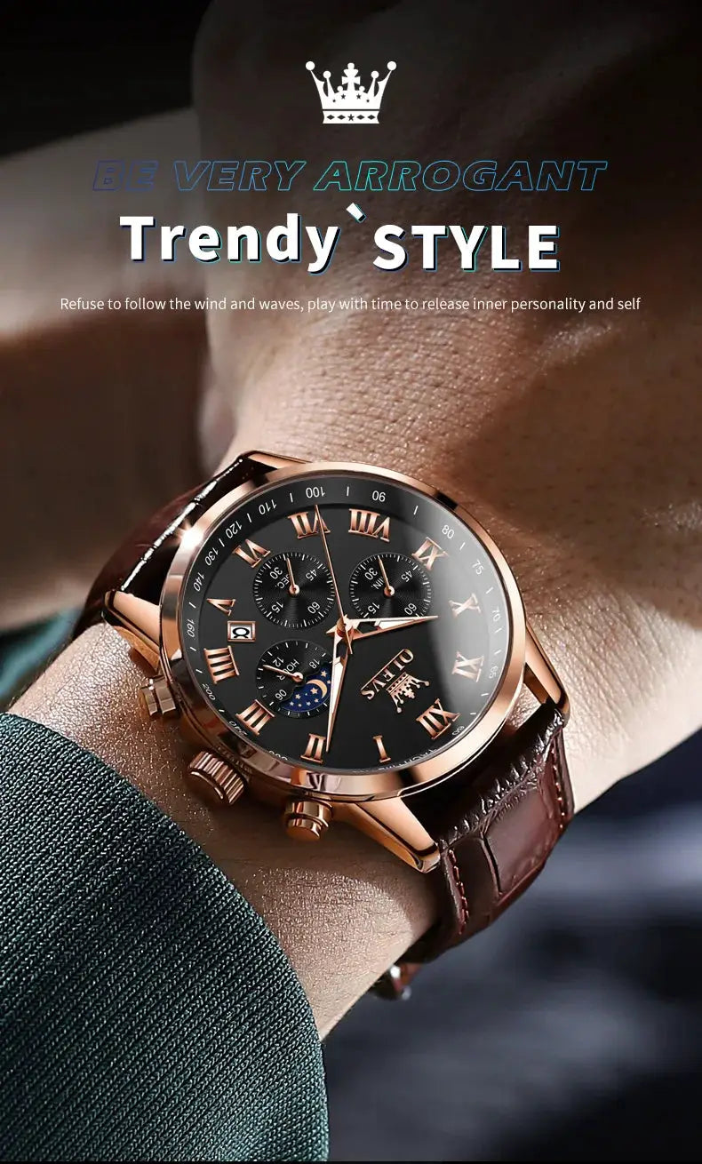 OLEVS men's luxury watch with rose-gold stainless steel case, black dial with Roman numerals and brown leather strap
