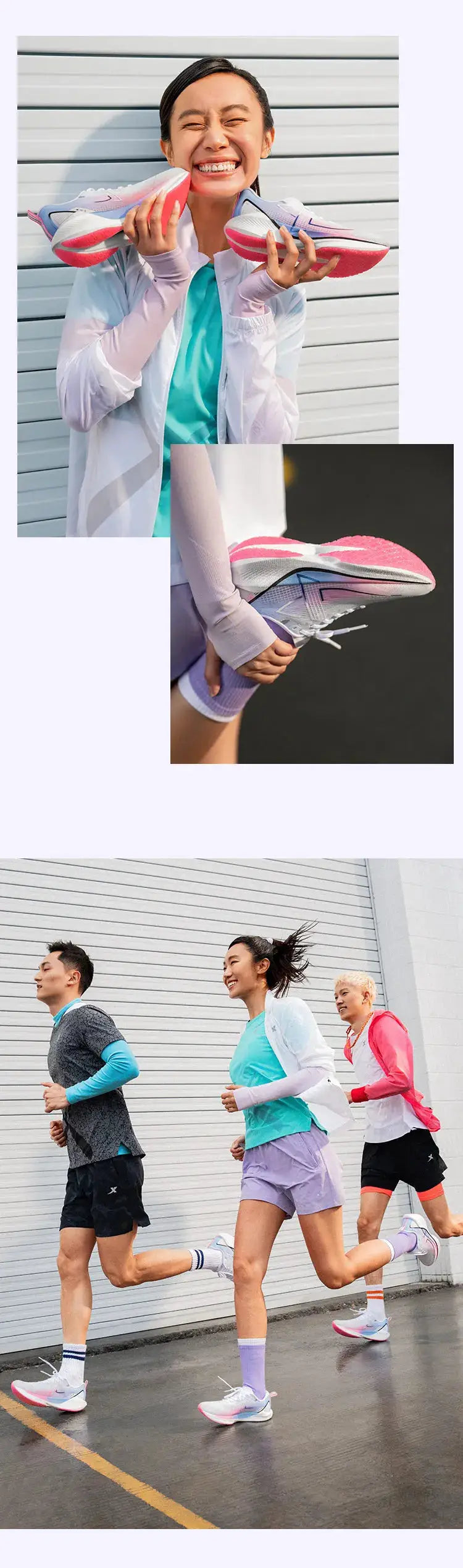 Xtep 360X running shoes in pastel pink and lavender; lightweight ETPU sneakers worn by three runners.