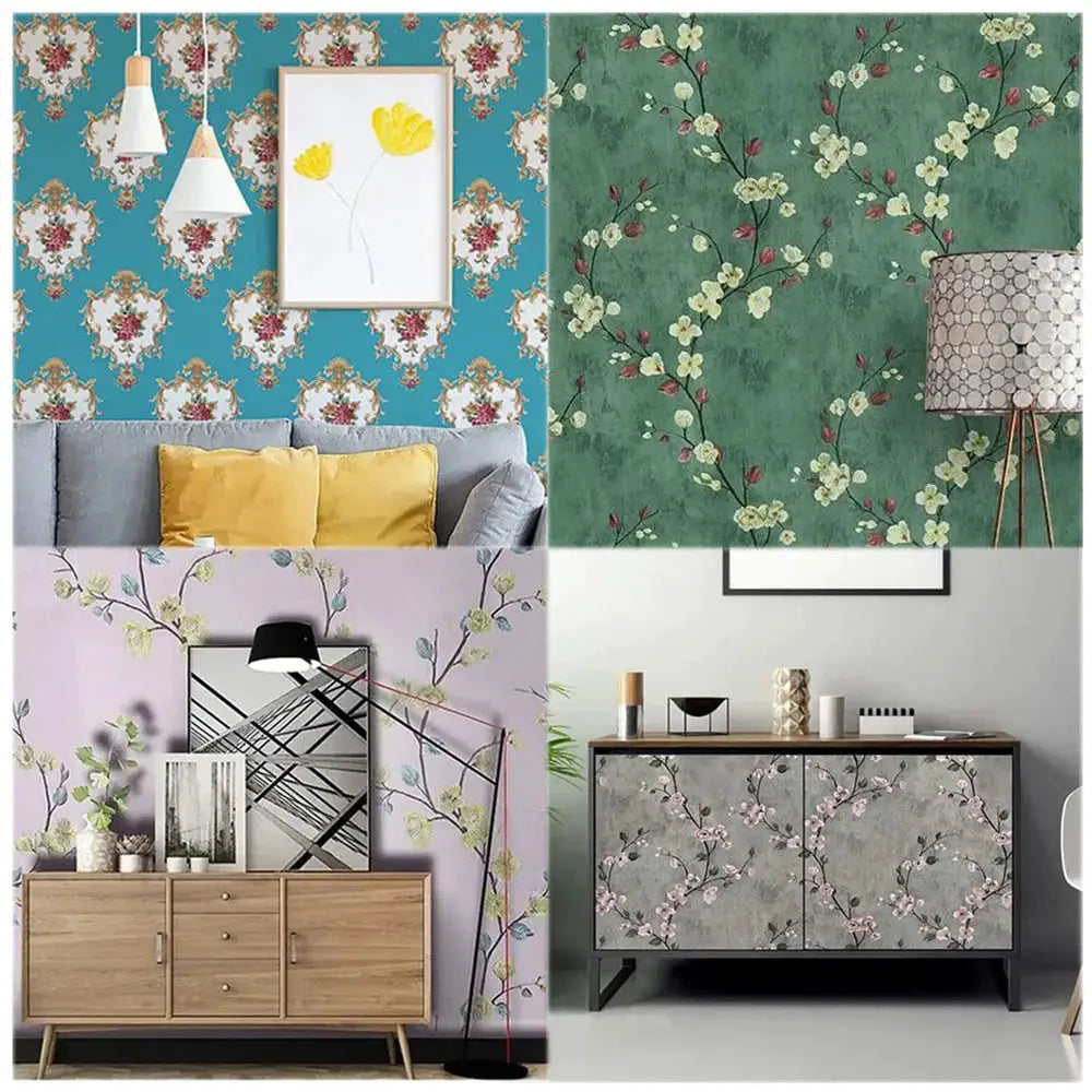 Floral grey peel-and-stick wallpaper collage; four self-adhesive patterns in blue, green, lavender and grey for furniture and walls.