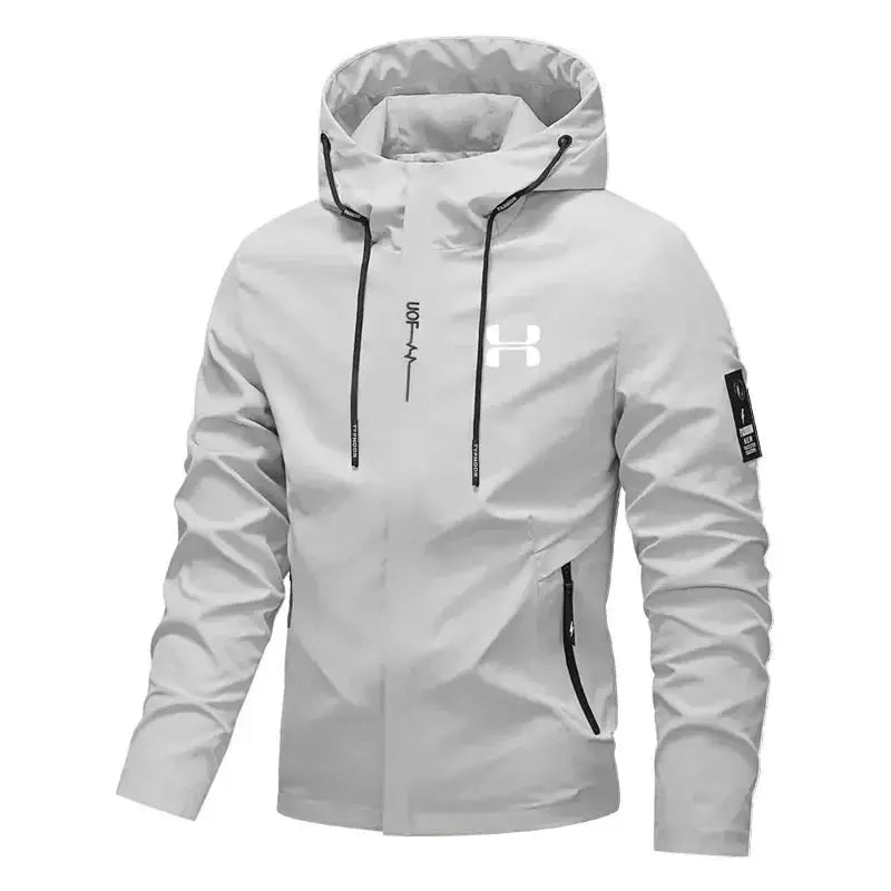 Men's light gray hooded windbreaker jacket by Simples Market, zip-up with black drawstrings