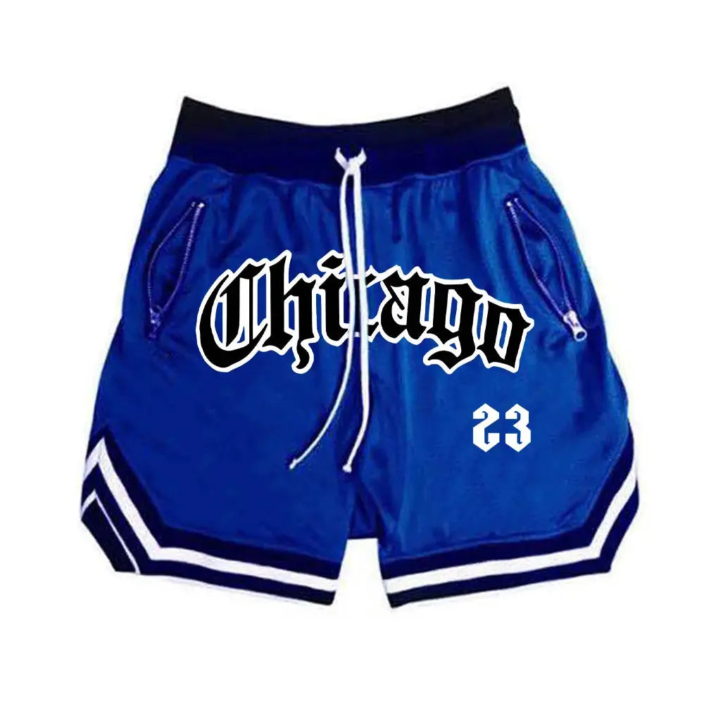 Men's blue basketball shorts with white drawstring, zip pockets, Chicago logo, size 23