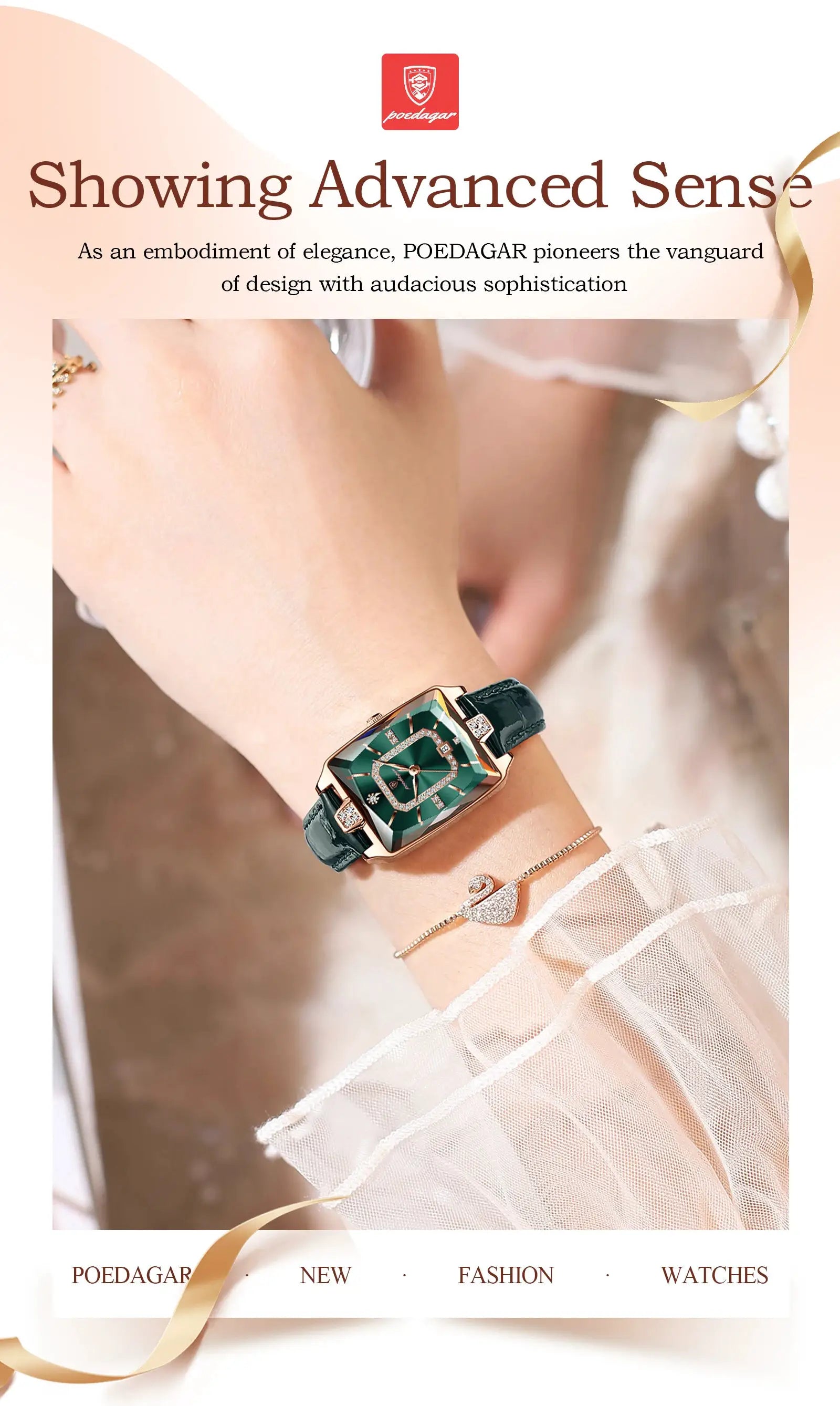 POEDAGAR women's luxury waterproof wristwatch with emerald green square dial, gold-tone case, and green leather strap.