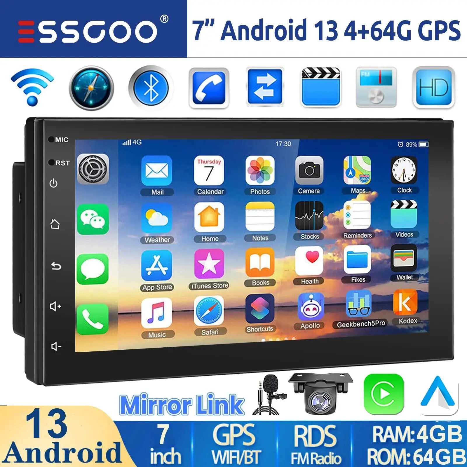 ESSGOO 2-DIN Android car stereo with touchscreen, black, CarPlay/Android Auto, GPS, 4GB RAM/64GB ROM