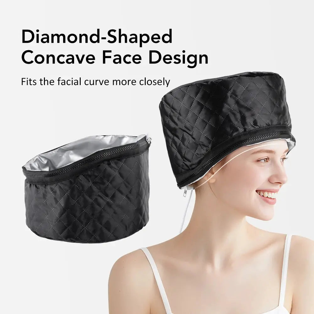 Simples Market heated hair cap, 2-piece diamond-quilted black set with 10-level electric waterproof spa steamer, worn by model