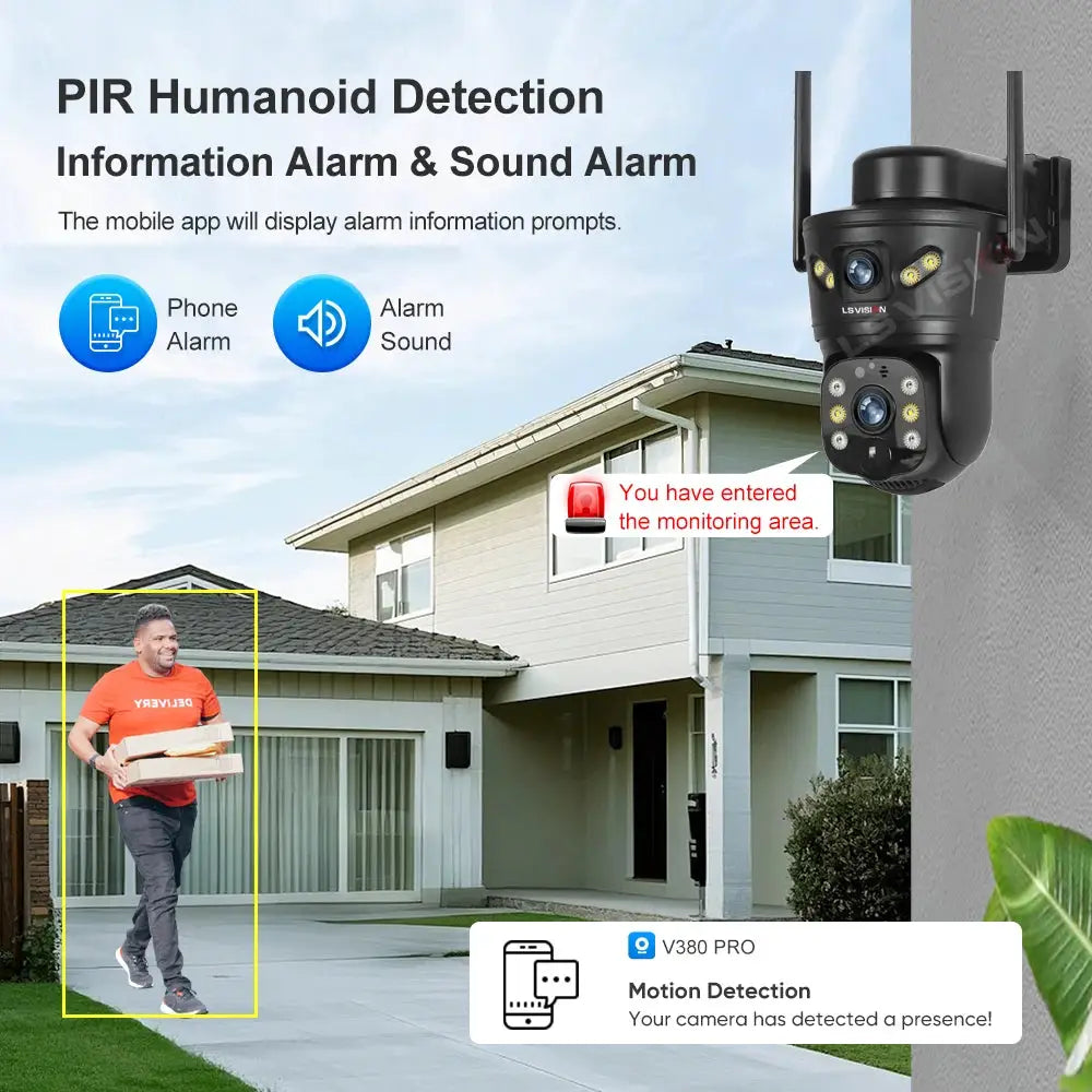 LS VISION outdoor security camera with 8MP dual lens and PIR motion detection