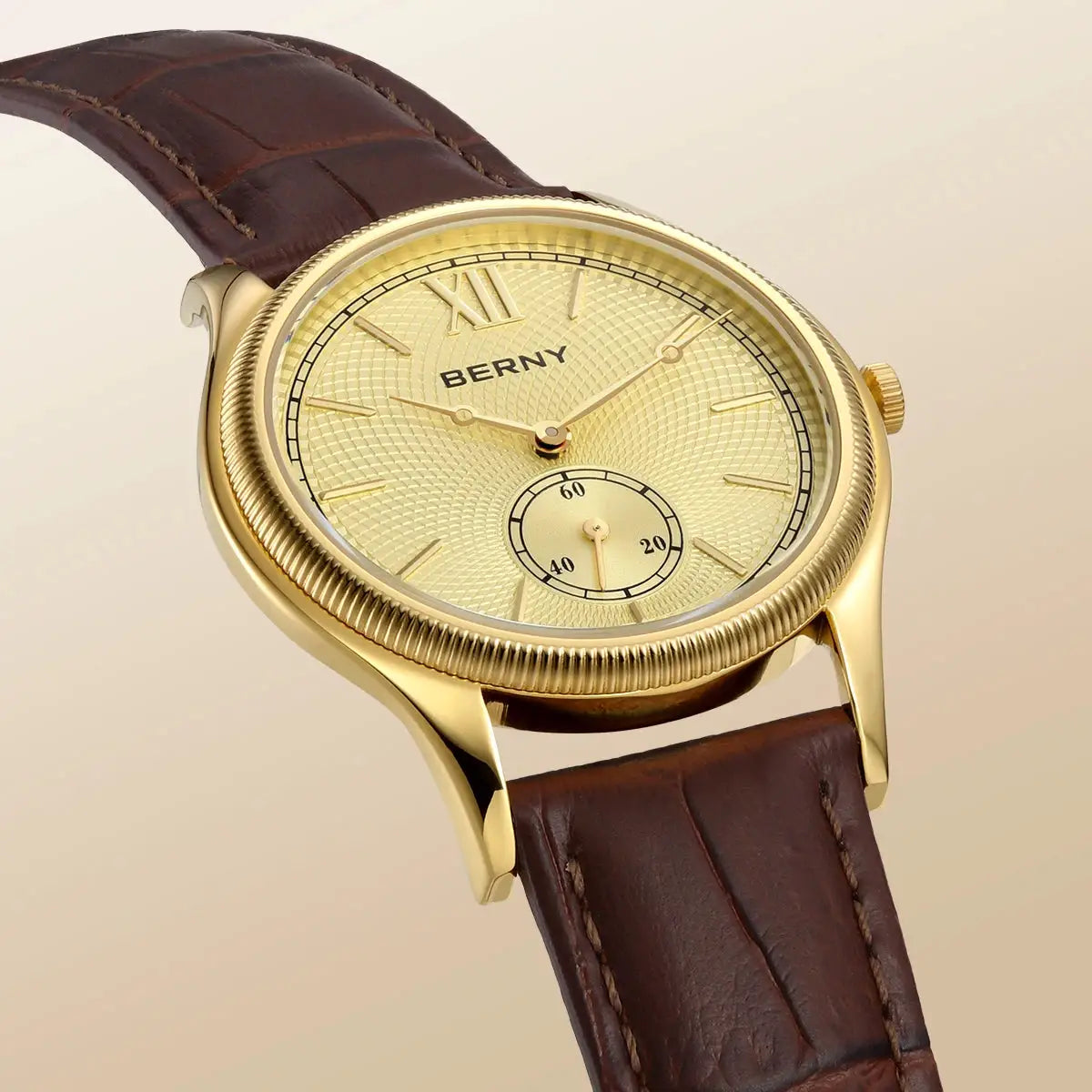 BERNY men's luxury watch with gold-tone case and brown leather strap