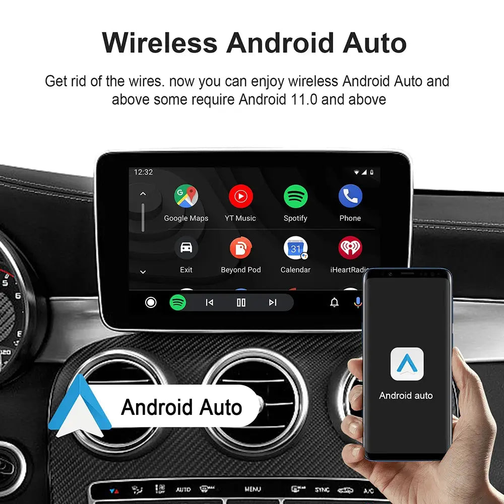 Android Auto wireless infotainment box; black device on car dashboard with Android Auto logo