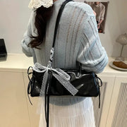 French Elegant Square Bag with white lace bow detail, black PU leather shoulder bag