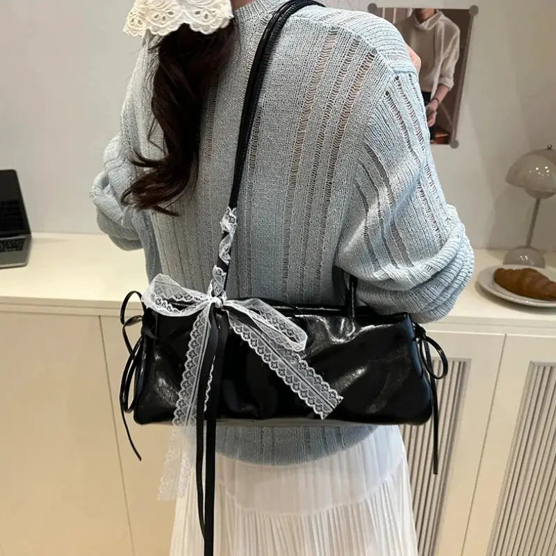 French Elegant Square Bag with white lace bow detail, black PU leather shoulder bag