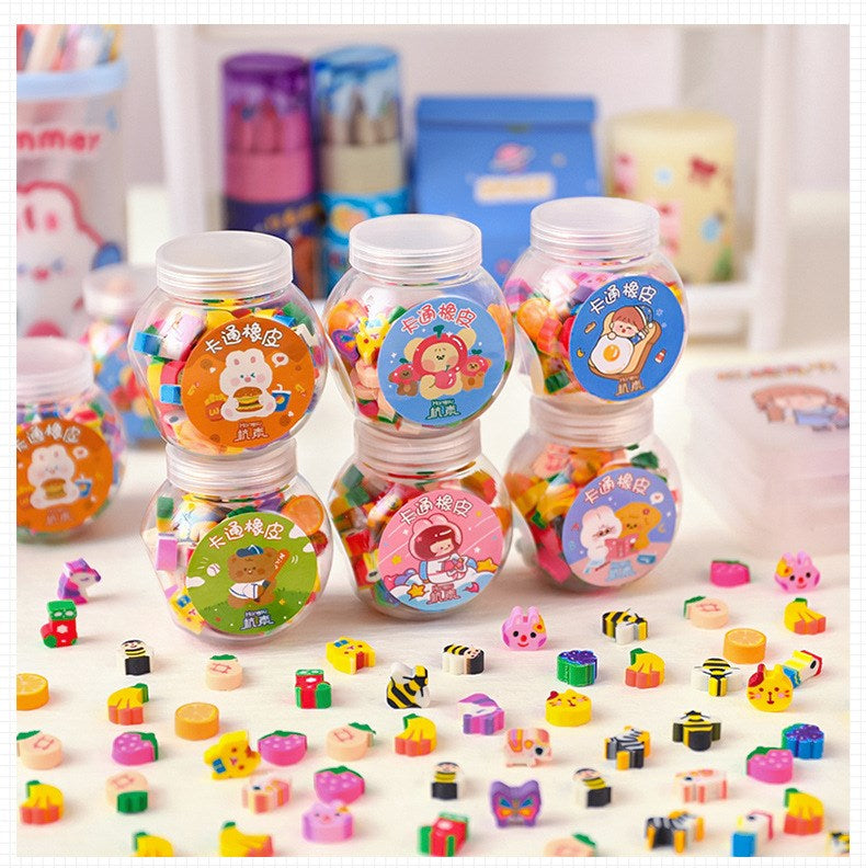 Simples Market 50/100pcs pencil eraser set with kawaii animal and fruit erasers in clear plastic jars