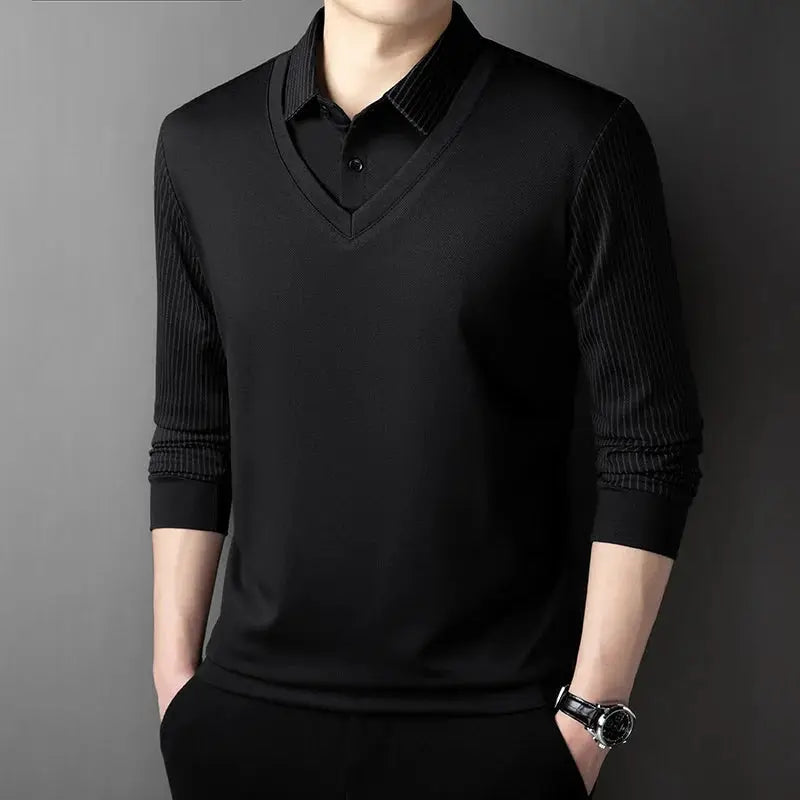 Men's polo-style knit top, black, with ribbed long sleeves