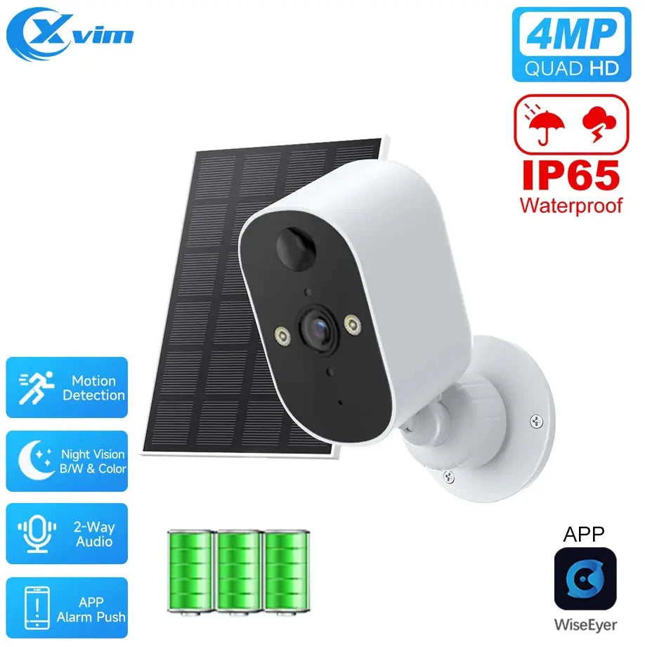 XVIM solar security camera with white housing and solar panel, 4MP Quad HD IP65 waterproof