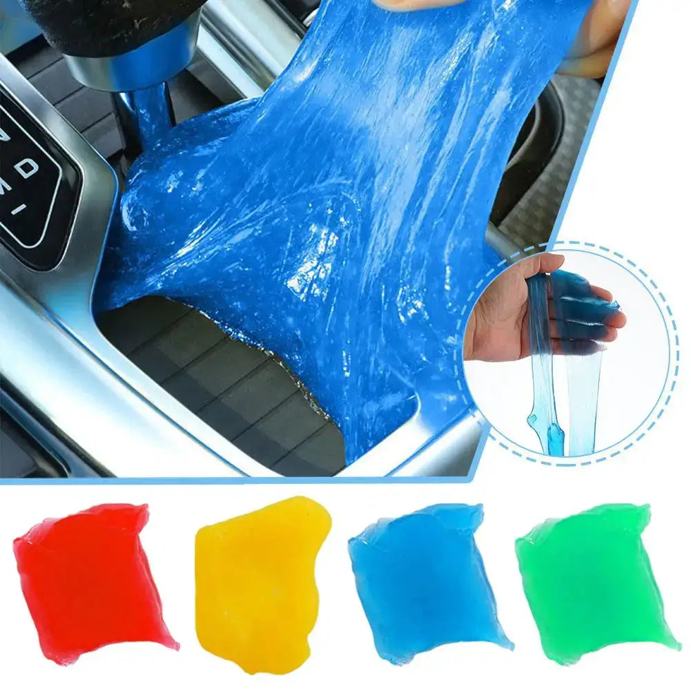 Simples Market car cleaning gel dust remover; blue gel in use on console with red, yellow, blue, green variants.