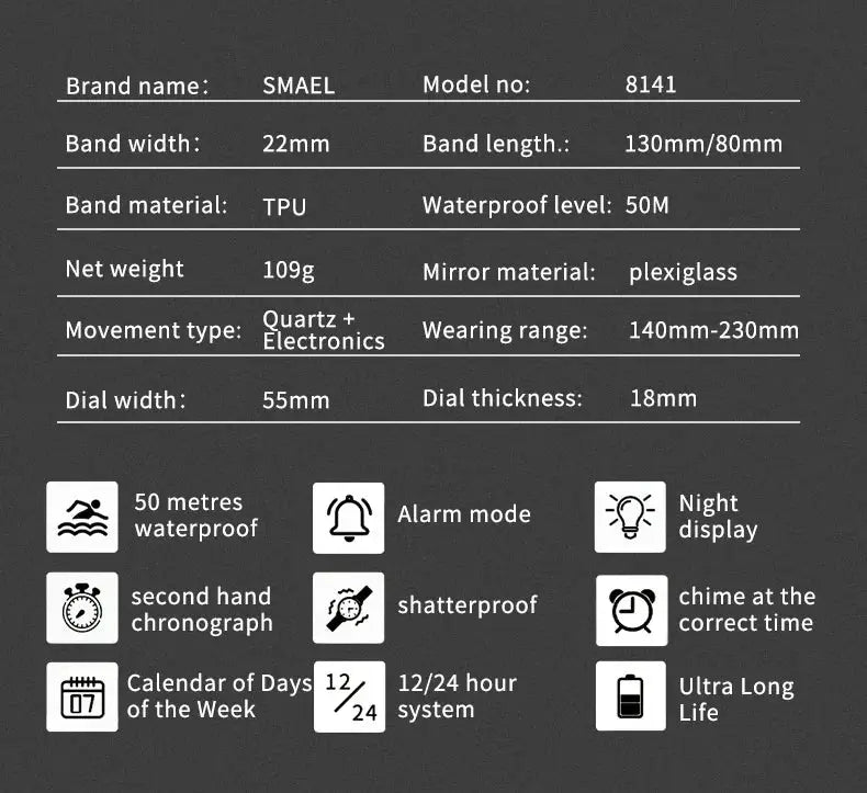 SMAEL 8141 men's digital sport watch with alloy case, TPU strap; 50M waterproof, alarm, and chronograph.