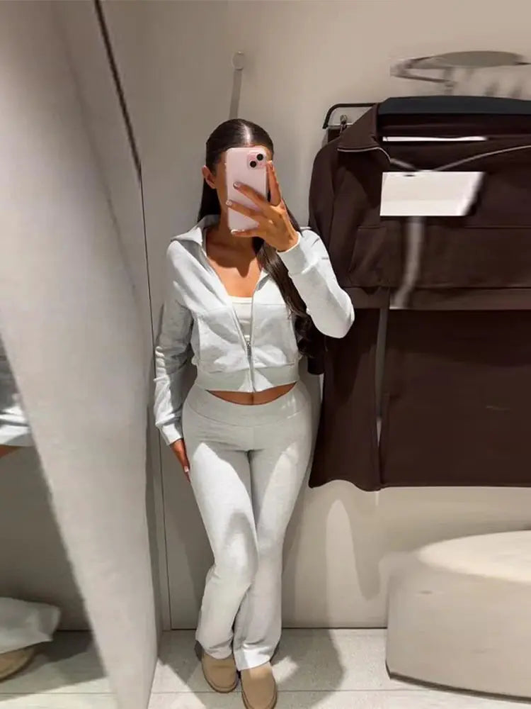 ChicNest Women's Casual Solid Coat and Pant Set With Zipper Lapel Jacket and Long Slim Trousers