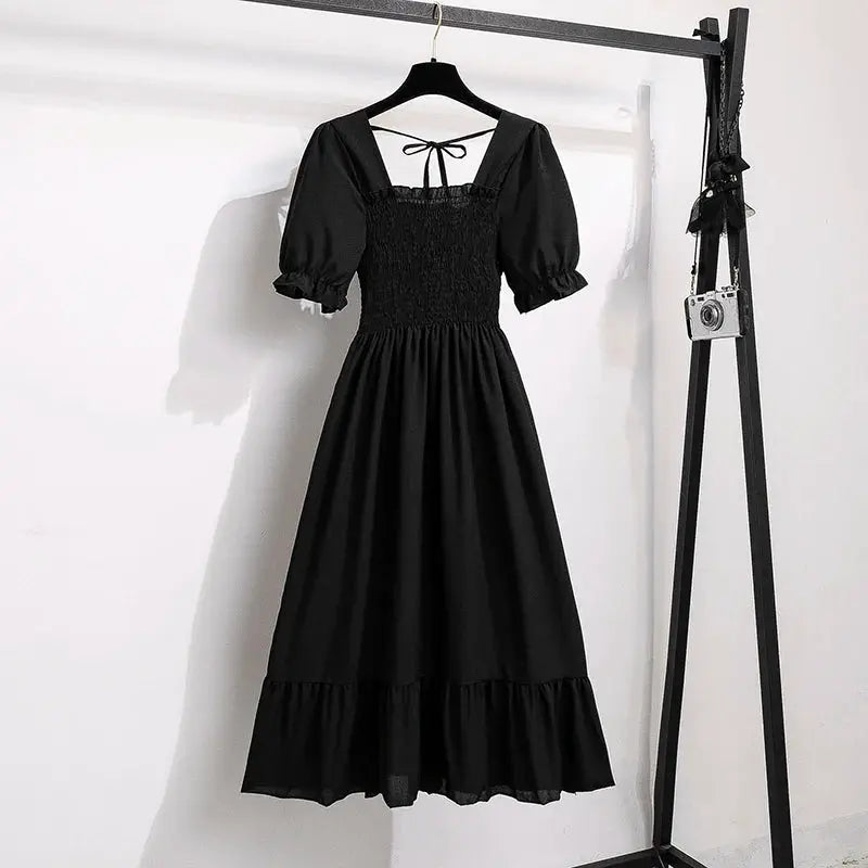 Chiffon Spring Summer A Line Dress For Women With Elastic Waist Pleated Short Sleeve Casual Flattering Fit
