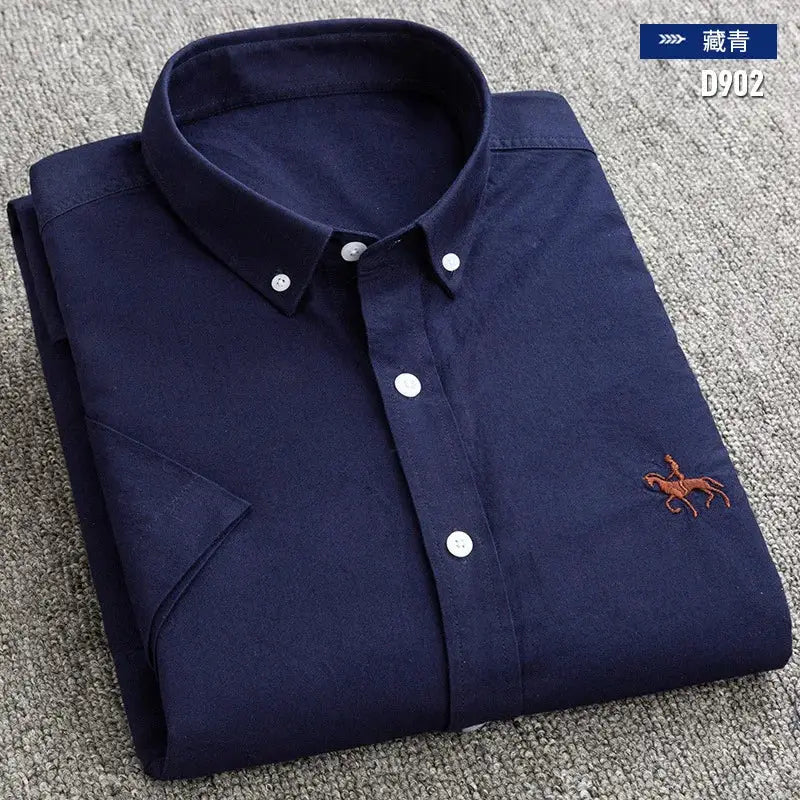 Men's navy blue Oxford cotton shirt by Simples Market with white buttons and orange logo.