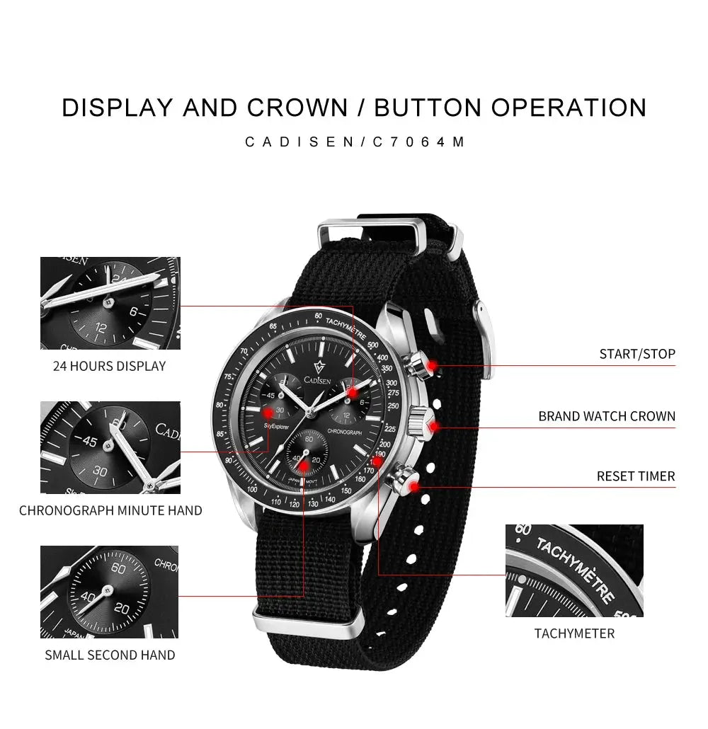 CADISEN men's watch with black dial, chronograph subdials, tachymeter bezel and canvas strap