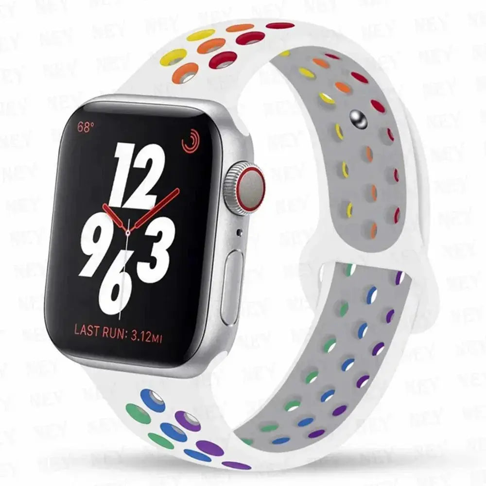 Simples Market silicone Pride Apple Watch band for 38/40mm–45mm, rainbow perforated sport strap