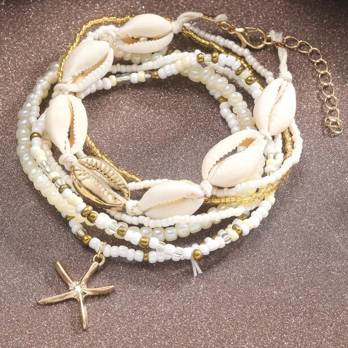 Bohemian Rice Beads Starfish Pendant Anklet Set Multilayer Beach Jewelry For Women 7 Piece Foot Anklets Summer Sea Shell