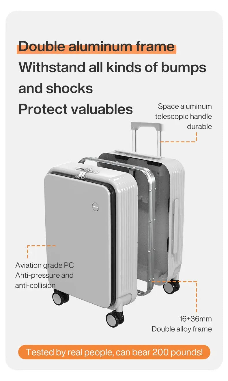 Mixi double aluminum frame carry-on suitcase, silver 20/24 inch, rolling luggage with USB port and phone holder