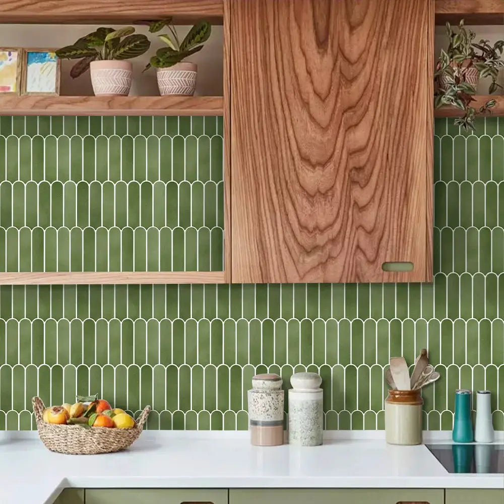 Peel-and-stick wall sticker panels in green geometric tile pattern for living rooms