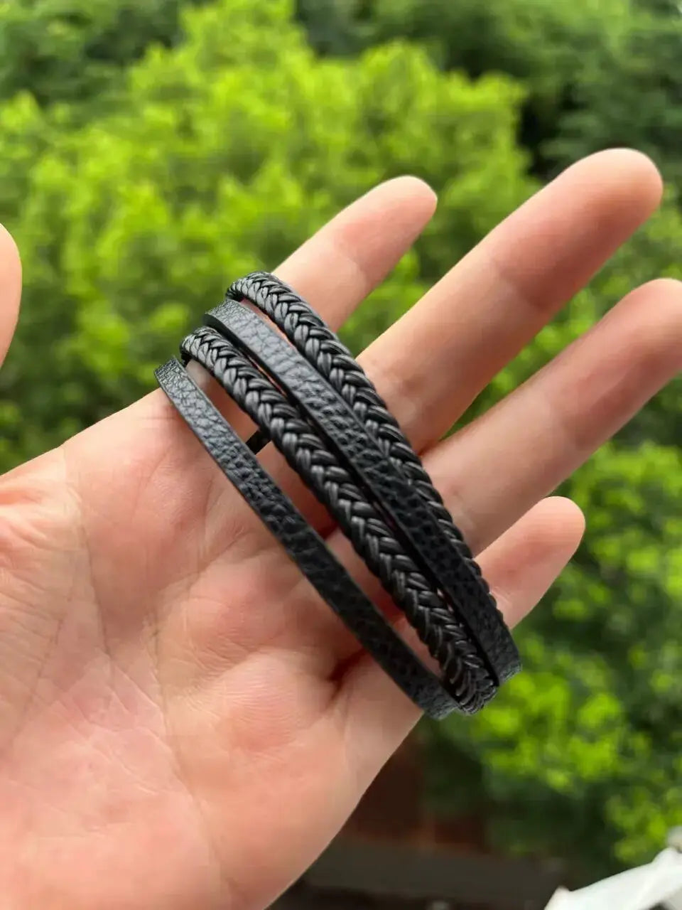 Men's leather bracelets set of 4; multilayer black braided rope cuffs