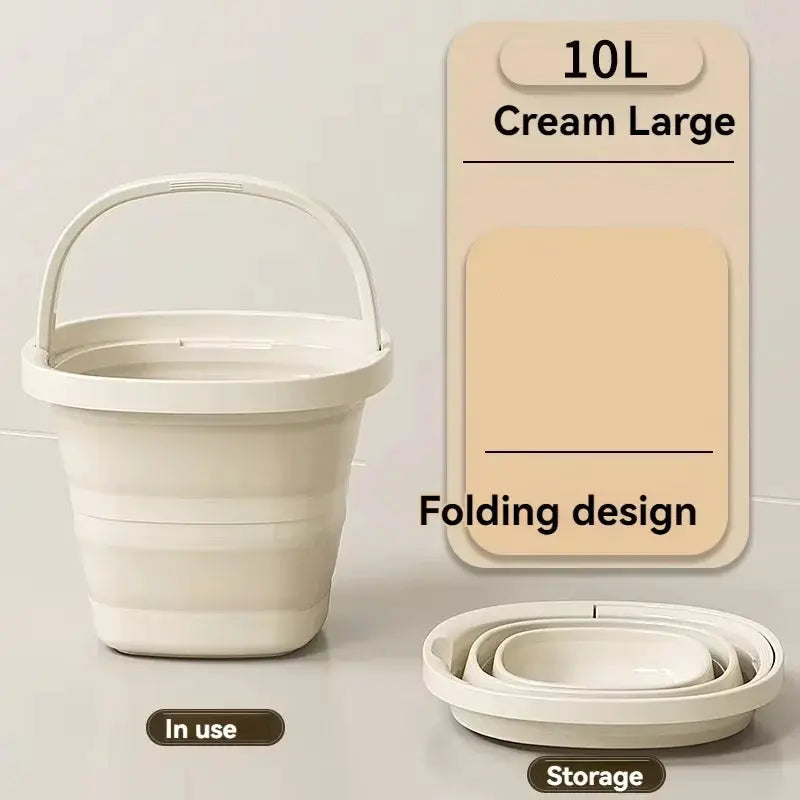 Large-capacity foldable water bucket in cream with a handle, 10L, portable and storage-friendly.