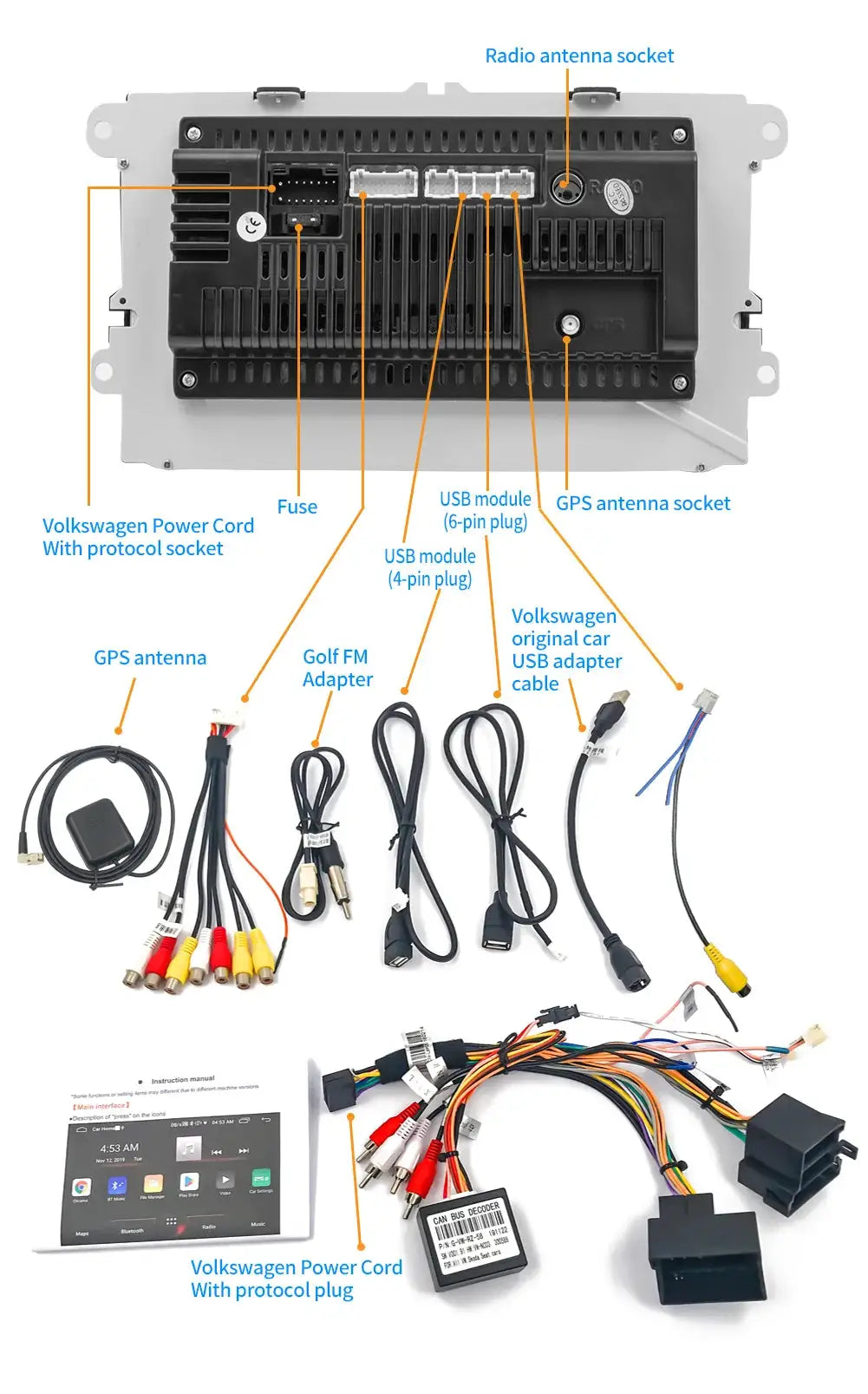 2Din Android car stereo head unit in black with GPS/WiFi and bundled USB cables and wiring harness